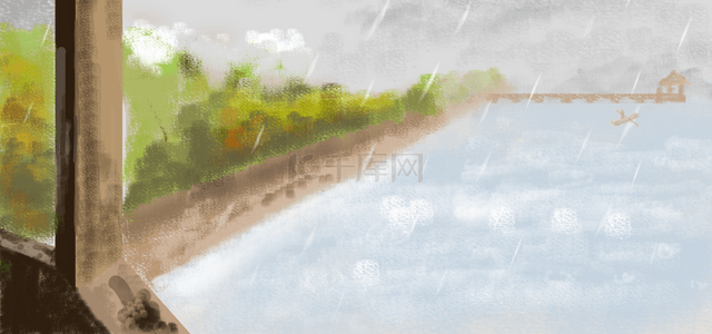 风景手绘插画背景图片_雨中池塘风景手绘