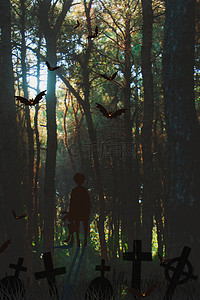 万圣节合成背景图片_森林里的男孩万圣节合成背景
