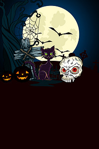 南瓜骷髅背景图片_万圣节 Halloween黑猫骷髅南瓜灯