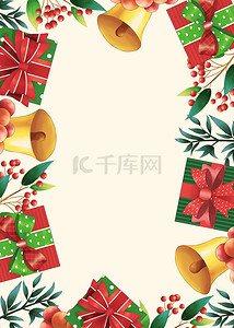 华丽鲜艳冬青圣诞礼盒铃铛红绿黄色背景