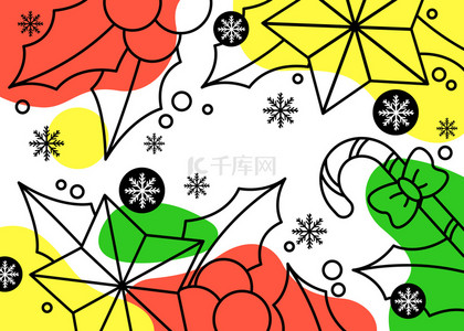 线稿背景背景图片_温暖美丽圣诞线稿橙绿黄白色块背景