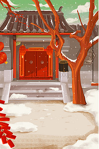 中式喜庆海报背景图片_中式房子下雪喜庆灯笼