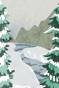 自然树木下雪山峰背景图