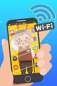 app图标手机背景图片_老人与手机互联网卡通创意海报