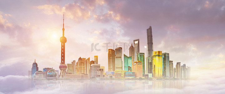 上海旅游背景背景图片_创意合成上海建筑云端背景