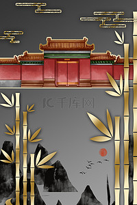金箔纸亮背景图片_新中式古建筑中国风装饰画