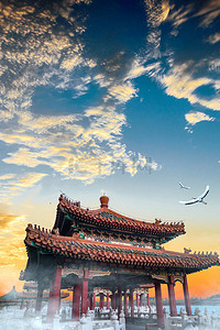 中式建筑水墨背景图片_大气古代创意合成建筑背景