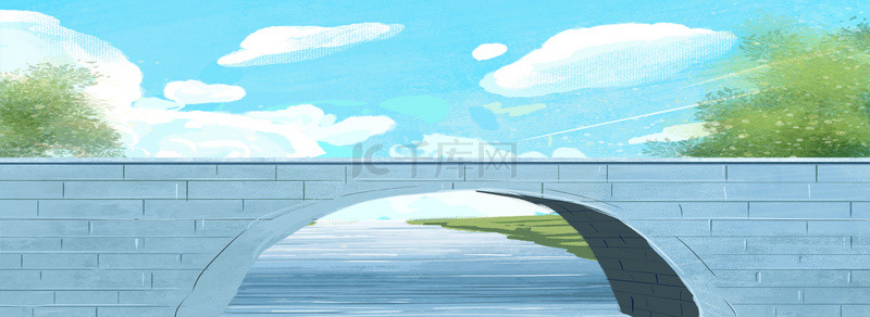植物湖水风景背景图片_蓝天白云河边桥梁背景