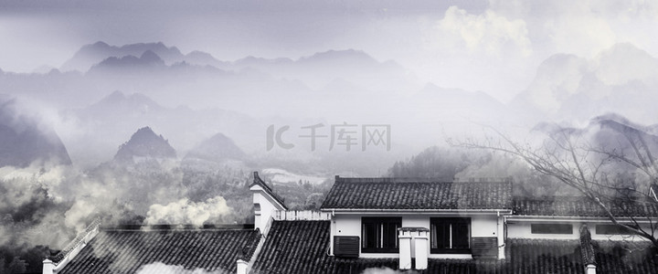 古城背景水墨背景图片_简约创意水墨古代建筑合成背景