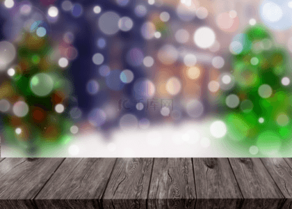 圣诞节城市街景虚化圣诞树白色光效背景和木板