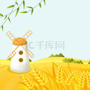 树林小清新背景图片_小清新芒种麦田风车banner