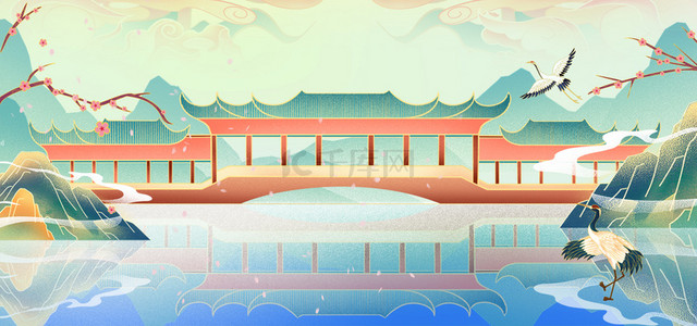 中国风国潮建筑背景图片_国潮古风工笔画山水建筑背景