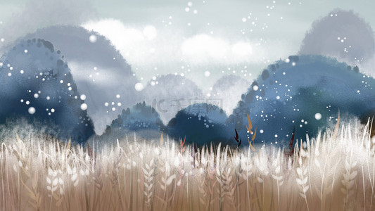 蓝色系冷淡清冷唯美下雪冬季草丛树丛山脉背