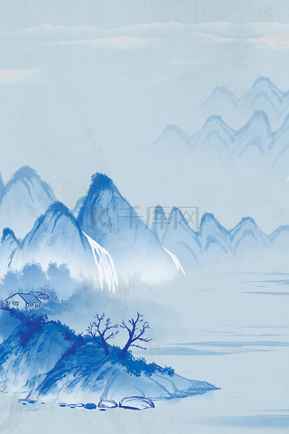 古风背景图片_古风山水远山蓝色中国风山水图