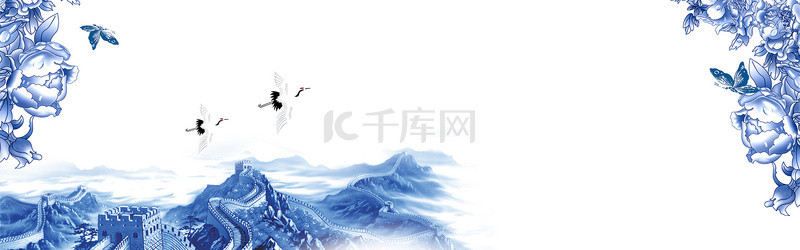 山水树鸟背景图片_中国风山水鸟蓝白简约banner