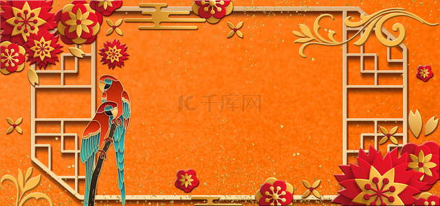 浮雕花朵背景图片_复古花朵鹦鹉浮雕电商背景