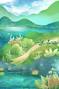 卡通夏天池塘背景图片_卡通绿色的森林和山峰