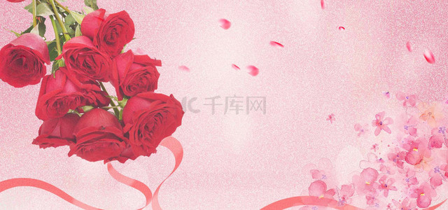 玫瑰礼盒背景图片_感恩节玫瑰花花瓣爱心丝带粉色背景