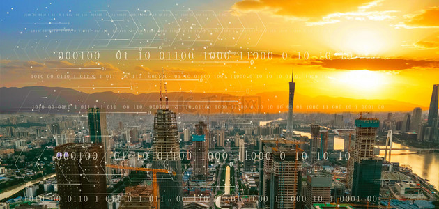 商务科技智慧背景图片_科技城市商务夕阳数字背景
