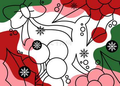 圣诞线稿背景图片_华丽浓郁红粉白绿色圣诞线稿色块背景