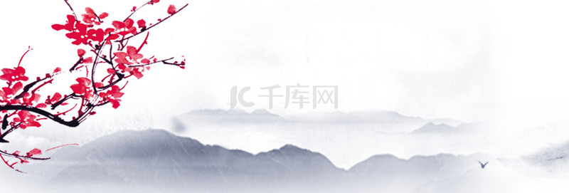 树枝元素背景图片_古典树枝山河灰色中国风banner