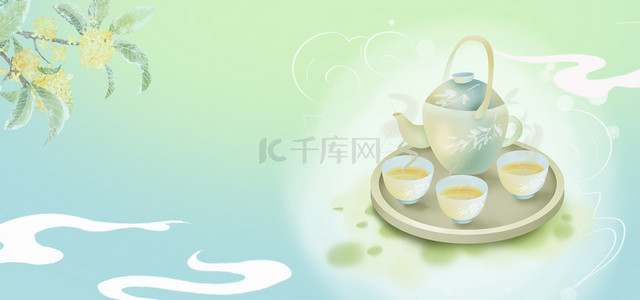 春茶茶背景图片_茶茶壶绿色渐变清新