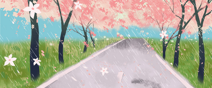 粉色樱花雨天漫步浪漫