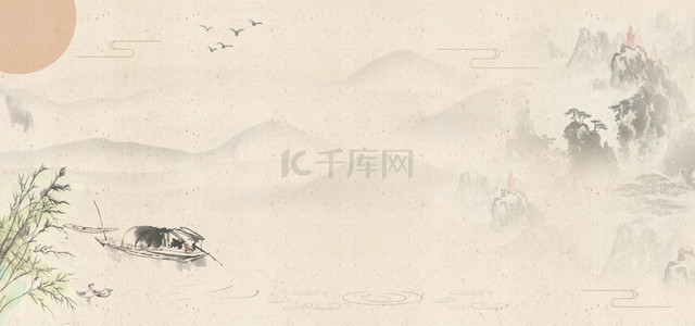 花纹背景复古背景图片_中国风底纹船只复古山水背景