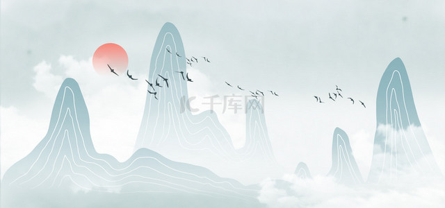 蓝色中国风古风背景图片_古风山水远山蓝色中国风