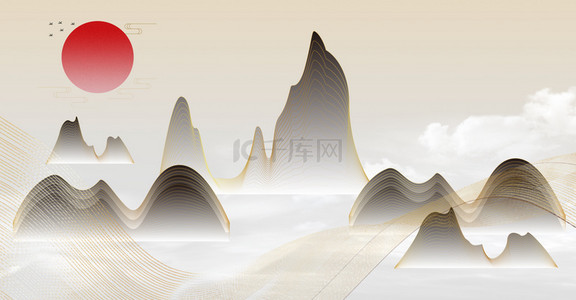 大气复古背景图片_中国风简约金线山水背景