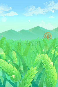 画小麦苗背景图片_小满麦苗麦子节气稻子稻谷麦穗绿色风车背景