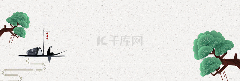 水墨风小船背景图片_水墨大树小船灰色中国风banner