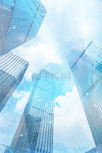 城市建筑蓝色简约科技背景图片_城市光束线条蓝色简约科技仰拍城市清新风景