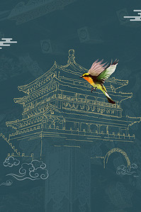鸟叫背景图片_中国风建筑叫绿色国潮背景