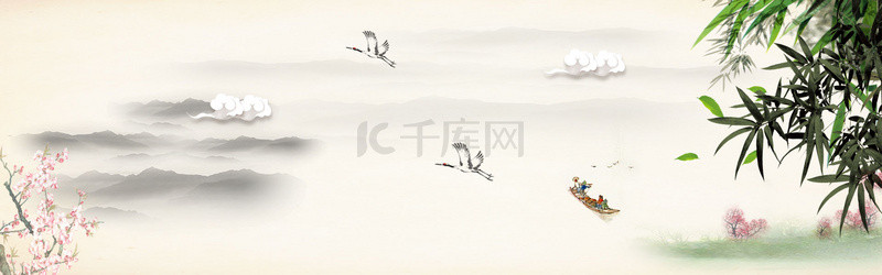 中国古典鸟背景图片_古典山花竹叶灰绿中国风banner
