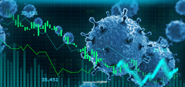 蓝色立体质感冠状病毒绿色股市下跌背景