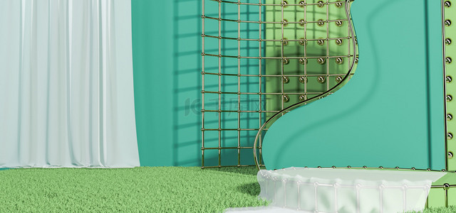 几何绿色展台背景图片_C4D简约几何绿色3D立体电商展台