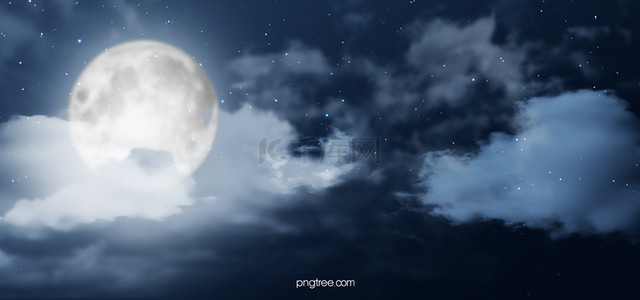 满月浪漫背景图片_手绘创意感云雾梦幻满月背景