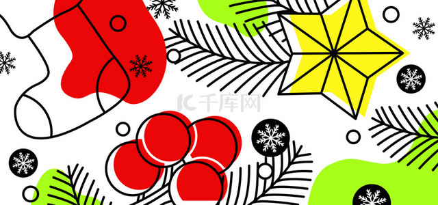 鲜艳美丽白黄绿红色圣诞线稿色块背景