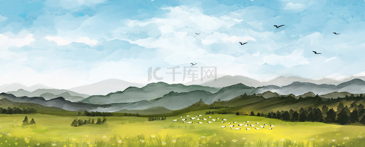 羊群白描背景图片_水彩风景草原国画水彩