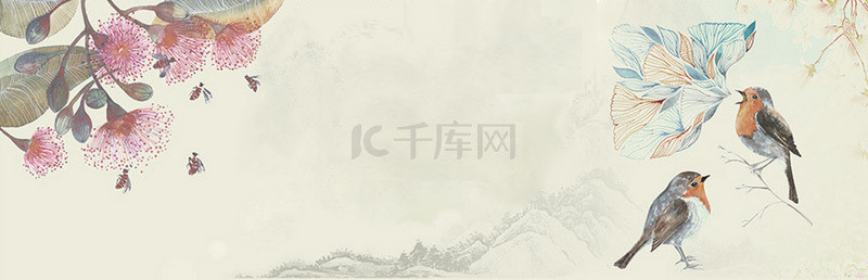 水墨植物中国风背景图片_手绘水墨两只小鸟灰色中国风banner