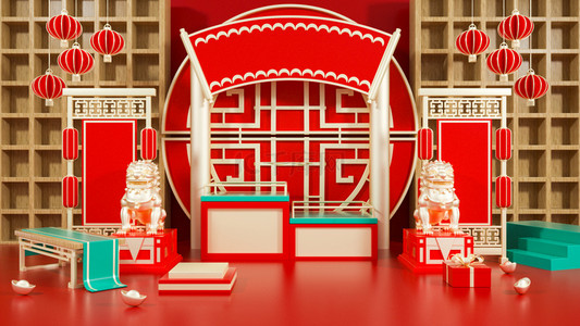 集市背景红色背景图片_C4D中国风红色年货节古代建筑背景