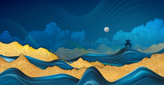 蓝色中式风背景图片_中国风 抽象山中式简约蓝色