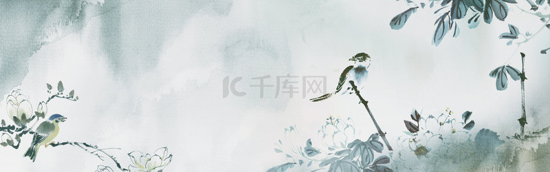 水墨树枝绿色中国风banner