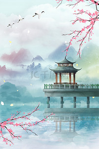中国唯美风背景图片_古风唯美山水廊桥背景