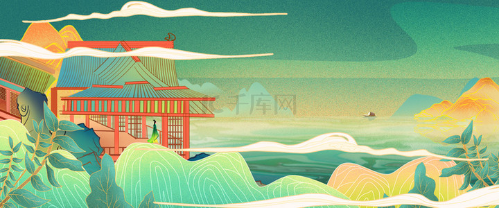 中国风古风建筑背景图片_国潮山水工笔画建筑合成背景