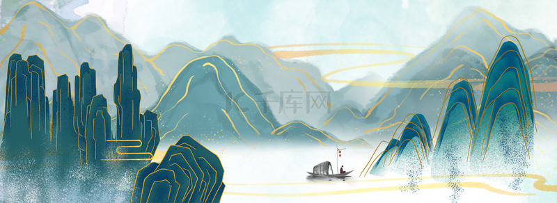 新中式山水水墨背景图片_绿色新中式金线山水背景