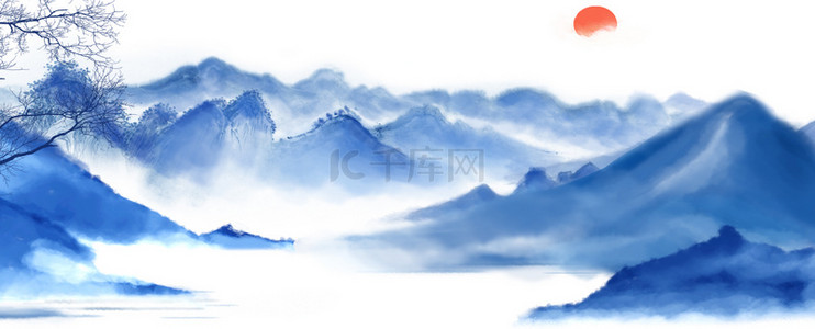 海报山水画背景图片_青花瓷中国风山水画风景