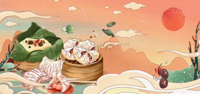 包中国风背景图片_国潮美食广东叉烧包中式背景