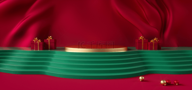 红色3礼盒背景图片_绿色台阶圣诞节展台背景